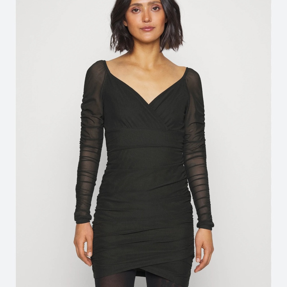 Hollister Black Long Sleeve Mesh Ruched Mini Bodycon Dress Size XS NWT